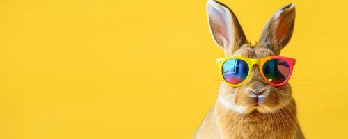 ai generado gracioso Conejo vistiendo vistoso Gafas de sol en amarillo antecedentes. linda conejito con frio Gafas de sol mirando a cámara. concepto de humor, mascotas, y Pascua de Resurrección. foto