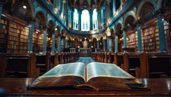 ai generado abierto Biblia en antiguo biblioteca con de madera bancas y manchado vaso ventanas en el antecedentes foto