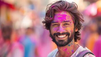 AI generated Portrait of happy young man covered with pink paint at Holi festival photo