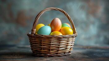 ai generado multicolor Pascua de Resurrección huevos en un cesta foto