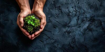 AI generated Hands holding fresh green moss on dark background, environmental conservation concept. Ecology and nature protection symbolism. photo