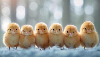 ai generado grupo de pequeño amarillo pollo en azul antecedentes con Bokeh. foto