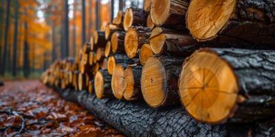 AI generated Woodpile of sawn trees in autumn forest, close up photo