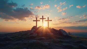 ai generado cruces en el colina a puesta de sol. crucifixión concepto foto