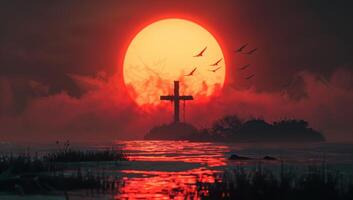 ai generado carmesí puesta de sol pasa por alto crucifijo foto