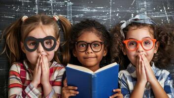 ai generado diverso grupo de niños leyendo libro con lentes. niños de diferente etnias disfrutando literatura mientras vistiendo de gran tamaño gafas. concepto de educación, imaginación y infancia. foto