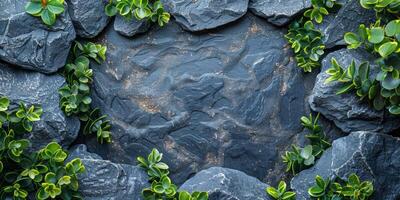 AI generated Green leaves on black stone wall. Nature background. Top view. photo