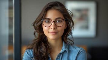 AI generated Woman in Glasses Leaning Against Wall photo