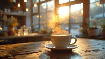 ai generado café taza en mesa por ventana foto