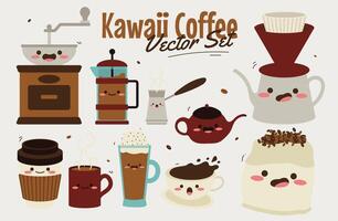 kawaii café ilustración vector conjunto