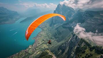 AI generated Paraglider Soaring Over Mountain Range photo