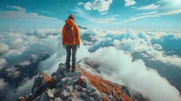 ai generado persona en pie en montaña cumbre foto