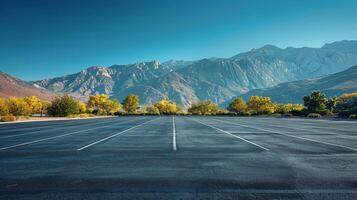 AI generated Empty Parking Lot With Mountains in Background photo