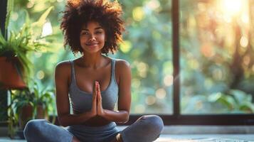 ai generado mujer sentado en yoga actitud foto