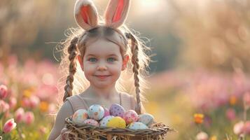ai generado pequeño niña con conejito orejas participación cesta de huevos foto