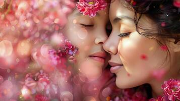 ai generado mujer y niño besos en flor campo foto
