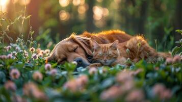 AI generated Dog and Cat Laying in Grass photo