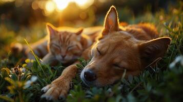 ai generado perro y gato tendido en césped foto