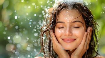 AI generated Woman Standing Under Shower Head With Eyes Closed photo