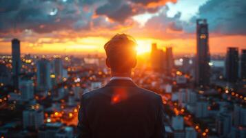 ai generado hombre en pie en parte superior de alto edificio foto