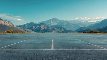 AI generated Empty Parking Lot With Mountains in Background photo