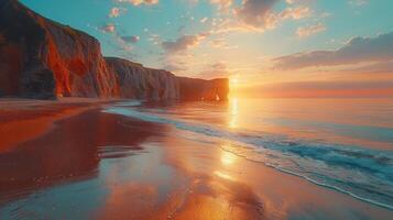 AI generated Setting Sun Over Beach and Cliffs photo