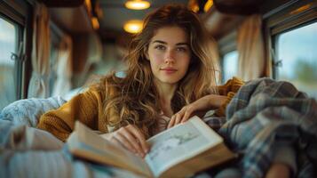 ai generado mujer sentado en autobús leyendo un libro foto