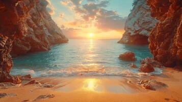 AI generated Setting Sun Over Beach and Cliffs photo