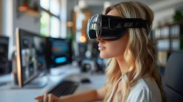 AI generated Woman Sitting at Desk With Virtual Headset photo