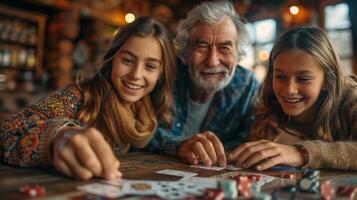 ai generado familia jugando un tablero juego juntos foto