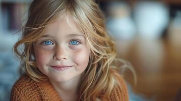 ai generado pequeño niña con azul ojos y trenzas foto