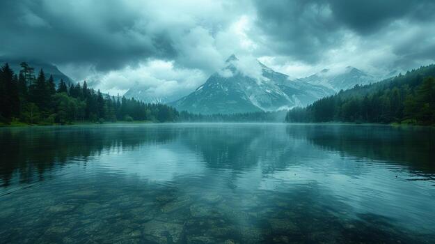 AI generated A Body of Water Surrounded by Mountains Under a Cloudy Sky photo
