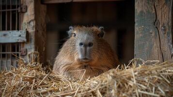 AI generated Capybara Sitting in Pile of Hay photo