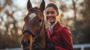 ai generado mujer en rojo chaqueta en pie siguiente a marrón caballo foto