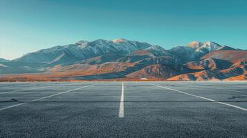 ai generado vacío estacionamiento lote con montañas en antecedentes foto