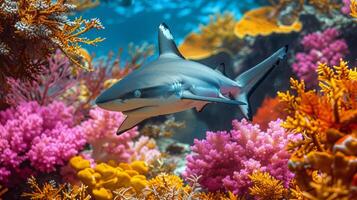 ai generado tiburón nadando mediante vistoso coral arrecife foto