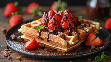 AI generated Delicious Waffle With Chocolate and Strawberries photo