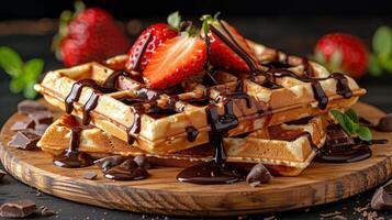 AI generated Delicious Waffle With Chocolate and Strawberries photo