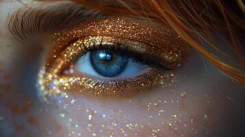 AI generated Womans Blue Eye With Gold Glitter photo