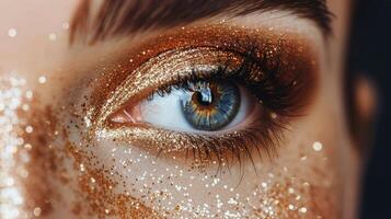 AI generated Womans Blue Eye With Gold Glitter photo