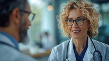 ai generado médico hablando a paciente en hospital foto