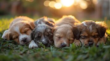 AI generated A Group of Puppies Sleeping in the Grass photo
