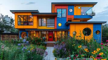 AI generated Vibrant Multi-Colored House With Walkway photo