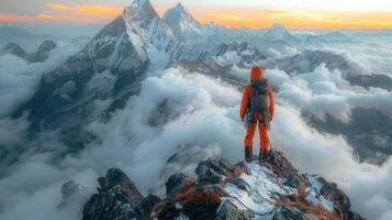 ai generado persona en pie en montaña cumbre foto