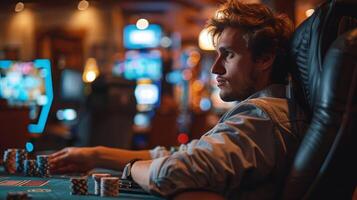 AI generated Man Sitting at Casino Table With Chips photo