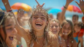 ai generado grupo de joven muchachas en pie en playa foto