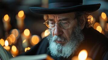 ai generado hombre con sombrero y lentes leyendo un libro foto