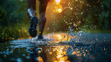 ai generado persona corriendo en lluvia con pies en agua foto