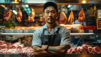 AI generated Man Standing in Front of Meat Display photo