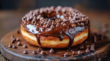 AI generated Chocolate Covered Doughnut on Wooden Board photo